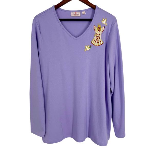 NEW NWOT Quacker Factory Plus Size 1X Purple Angels Christmas Blouse Shirt Top - Picture 1 of 6